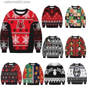 男性のセーターメンメン女性醜いクリスマスセーター2022新年クリスマスジャンパースウェットシャツスパイダーコブウェブプリントクルーネックパーティーフェスティバルT230724