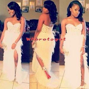 2019 New Arrivel Long Feather Mermaid Prom Gowns White Sweetheart Rhinestones Splite Evening Dresses African Black Girl Prom222m