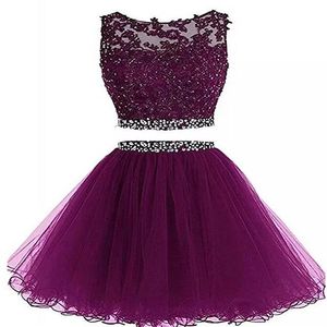 Zweiteilige kurze Ball- und Heimkehrkleider 2021, A-Linie, Tüll, Perlen, Kristalle, Applikationen, Abschluss-Cocktailpartykleid QC1303310S