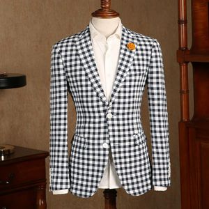 SchwarzWeiß Karo Karo Sommer Leinen Herrenanzüge 2 Knopf Freizeit Sport Blazer Freizeitanzug Mantel Herrenjacke205Y