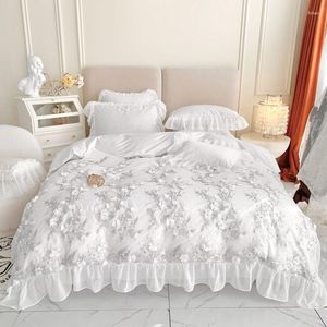 Bedding Sets Romantic Princess Wedding Lace Flowers Embroidery Egyptian Cotton Set Quilt/duvet Cover Bedspread Linen Pillowcases