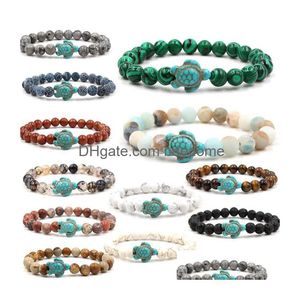 Aggiornamento di perline Bracciali in pietra naturale Bracciale in filo di tartaruga blu Fascino di tartaruga marina Agata Occhio di tigre Turchese Perline di lava Donna Drop D Dhgf3