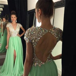 Sparkly Mint Green Prom Dresses Long With V-Neck Cap Sleeves Rhinestones Beaded Split Keyhole Backless Draped Chiffon Formal Eveni255C