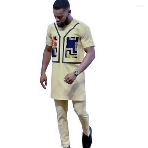 Men's Tracksuits African Fashion Light Yellow Set Outfits Short Sleeve Tops Patch Trousers Nigerian Print Male Pant Suits Party Wear