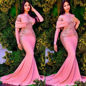 2023 Plus Size Evening Dresses Arabic Aso Ebi Pink Mermaid Luxurious Prom Gowns Beaded Sequins Evening Formal Party Second Recepti269W