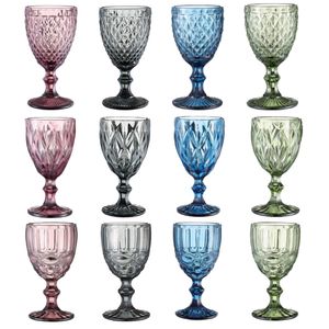 10OZ Wine Glasses Cup Colored Glass Goblet with Stem 240ml Vintage Pattern Embossed Romantic Drinkware 4 Colors for Party Wedding Birthday Festival