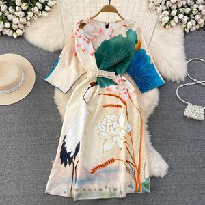 Vestidos Casuais Clothland Feminino Vestido Midi Floral Elegante Decote em V Botião Gravata Manga Três Quartos Vestido Chique Verão QC317