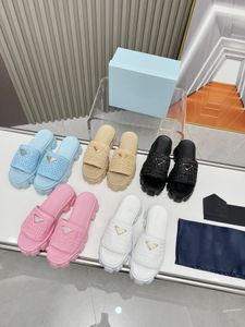 Designer sandaler kvinnor skum gummi sandal vadderad nappa halm vävda bilder damplattform glider lyxiga toffel kvinnor