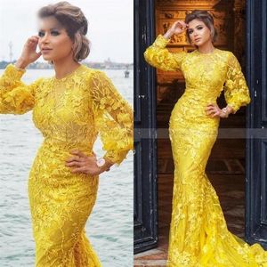 2020 Yellow Mermaid Sukienki balowe pełne koronkowe długie rękawy Eleganckie muzułmańskie suknie wieczorowe w Plus Size Specjalne okazje 294G