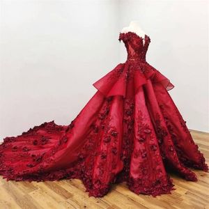 Burgundy Luxurious Off Shoulder Ball Gown Evening Dresses Lace Applique Beading Flower Prom Evening Dresses Custom Made Formal Par221R