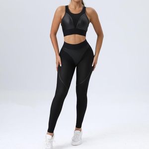 Aktiva uppsättningar Gym Womens Outfits Lycra Mesh Sport Set Women Transparenta Workout Clothes for Tracksuit 2023 Sportswear Black