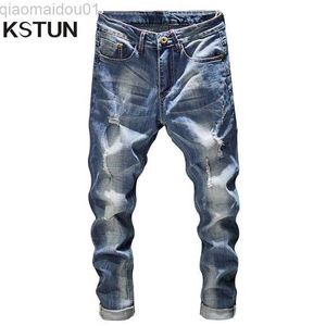Mäns jeans rippade jeans män smala passade ljusblå stretch mode streetwear frayed hip hop nöded casual denim jeans byxor manliga byxor l230724