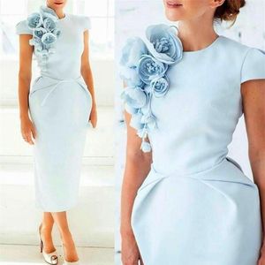 2020 Sky Blue Plus Size Mother of the Bride Dresses Juvel Neck Cap Hyls Tetlängd Blommor Plus Size Dress Wedding Gästklänningar227n