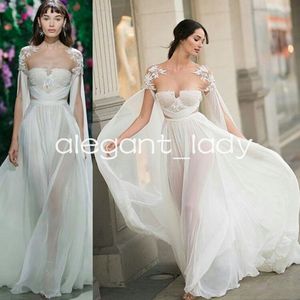 Fairytale Bohemian Beach Wedding Dresses with Sleeve Cape Lace Chiffon Full Length Bridal Gown Outfit Vestidos de novia