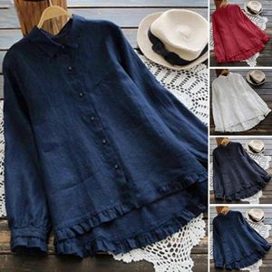 Women's Blouses Women Autumn Casual Long Sleeve Turn-down Collar Loose Blouse Vintage Harajuku Solid Cotton And Linen Shirt Tops