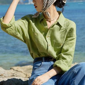 Kvinnors blusar 2023 Summer Casual Top Green Shirt Fashion Single Breasted Long Sleeve