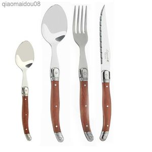 4-24pcs Laguiole Steak Knives Dinner Forks 테이블 스푼 미니 커피 티스푼 나무 핸들 칼레 레스토랑 바 나무 테이블웨어 L230704