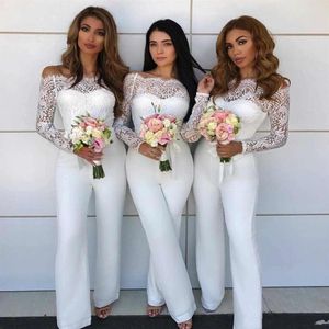 White Off Shoulder Lace Jumpsuit Bridesmaid Dresses for Wedding Sheath Wedding Guest Pants Suit Gowns Plus Size BM0931304G