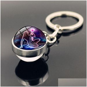 Nyckelringar 12 Zodiac Sign Glass Cabochon Ball Keychain Aries Gemini Star Horoscope Pendant Double-Sided Ring Bag Hangs Fashion Jewelry Dhkfh