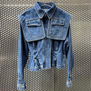 Giacche da donna Decorazione tasca scialle stile coreano Jean 2023 Giacca di jeans corta da donna con cerniera a pieghe abbinata