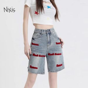 Women's Jeans Retro Letter Embroidered Denim Shorts Summer High Waist Loose Straight Half Pants Fashion Streetwear Female