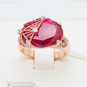 Cluster Rings 585 Purple Gold 14K Rose Luxury Ruby Engagement For Women Tridimensional Craft Beautiful Wedding Jewelry Gift