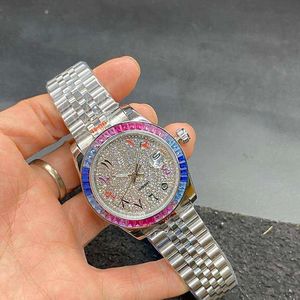 Relógio bisel arco-íris de luxo de alta qualidade, diamante cheio, corrente pequena, 40mm2813, relógio automático à prova d'água de aço