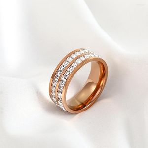 Bröllopsringar Klassiska lyxiga dubbla rad Square Zircon Rostfritt stål Ring för kvinnor Söt romantisk vintage engagemangsmycken