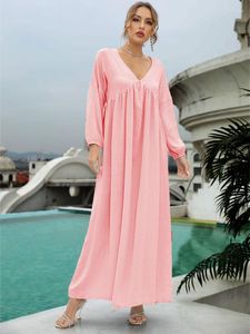 Casual Dresses Fashion V Neck Loose Fitting Medium Sleeved Summer Women's Clothing Solid Color Ankle Length Skirts Simple Style