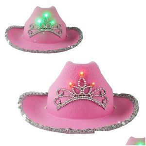 Chapéus de aba larga led estilo ocidental chapéu de cowboy rosa mulheres meninas festa de aniversário bonés com decoração de penas lantejoulas coroa tiara boate cowgir