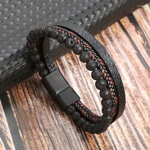 Charm Bracelets Fashion Volcanic Stone Leather Bracelet For Men Multi Layer Beaded Magnetic Clasp Wrap Bangle Jewelry Gifts