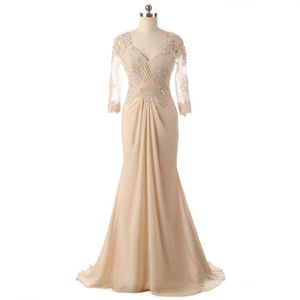 Actual Po Champagne Mother of the Bride Dresses Transparent Long Sleeve V Neck Beads Lace Chiffon Mermaid Women Formal Gowns280L