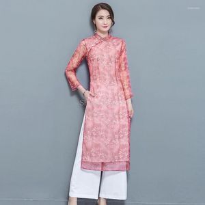 Etnisk klädkvinna Chiffon Aodai Vietnam Traditionell Ao Dai Robes Pants 2 Piece Set Women Dresses Improved Cheongsam