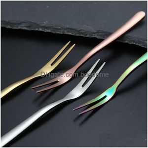 Forks Gold Rainbow Fruit Fork Stainless Steel Home Kitchen Dining Flatware Birthday Cake Ice Cream Dessert Cutlery Tool Drop Delivery Dhycx