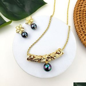 Earrings Necklace Hawaiian Gold Hibiscus Plumeria Flower With Chain Shell Pearl Polynesian Barrel Floral Jewelry Sets For Women Drop Dhs9B