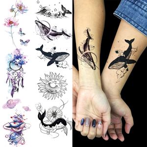 Tatuagens temporárias de pulso de baleia realistas para mulheres, adulto, flor de sol, adesivo de tatuagem falso, à prova d'água, pintura de arte corporal, decalque