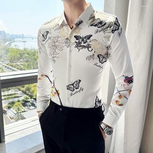 Camicie casual da uomo Camicia a maniche lunghe con stampa di farfalle di fiori alla moda Uomo Autunno Stile britannico Slim Fit Luxury Business Social Party