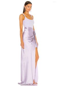 Vestidos de Festa Feminino Sexy Roxo Costura Satin Sling Vestido Slim Com Bandagem Removível Elegante Sem Mangas Saia Alta Dividida Formal