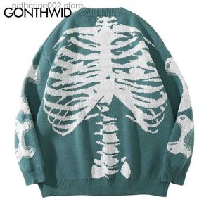 Herrtröjor Hip Hop Gothic stickad tröja Streetwear Vintage Skull Knit Pullover Sweaters Mens Autumn Casual Knitwear Sweater Green Black T230724