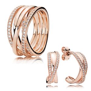 Brincos de argola de ouro rosa polido conjunto para pandora cristal diamante jóias de luxo anéis de casamento para mulheres meninas designer brinco com caixa original de alta qualidade