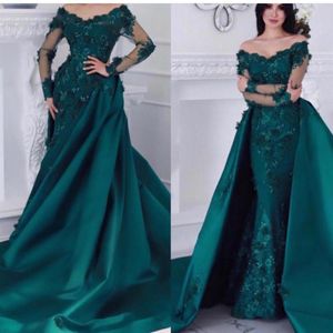 2021 Elegant Satin Mermaid Evening Dresses Hunter Green Long Sleeves Prom Gowns Sheath Scoop Neckline Lace Beading Overskirts Moth288V