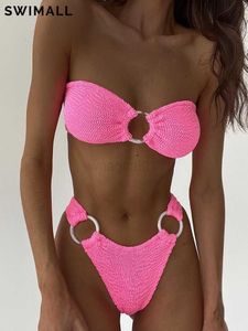 Kvinnors ring länkad Bandeau 2023 Texturerad baddräkt Kvinnor Badkläder Tvådelar Bikini Set Bathing Suit Beach Wear Biquini FA H230515 H230524
