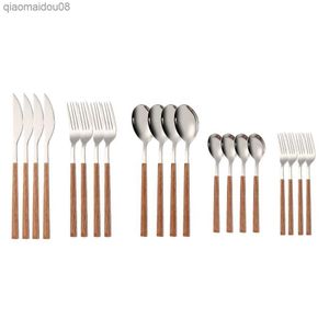 20pcs set di posate in acciaio inossidabile stoviglie imitazione manico in legno coltello da tavola forchetta cucchiaino da tè stoviglie da viaggio argenteria regalo L230704