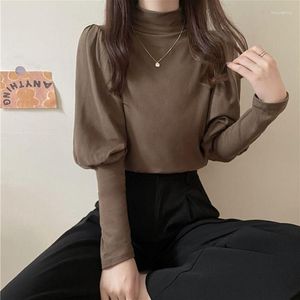 Frauen T Shirts 2023 Sexy Einfarbig Hemd Gespleißt Hohe Kragen Tops Mode Frauen Mesh Bodenbildung Elegante Blusa T244