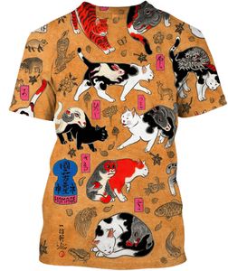 Japonês Samurai Cat Print Men's T Shirts Street Trend Feminino Tees Casual Moda Verão O-neck Manga Curta Tops Roupas Grandes