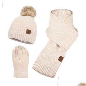 Cappelli Sciarpe Guanti Set Design Moda Inverno Sciarpa lavorata a maglia Cappello Set Spessi Caldi Berretti Berretti Cappelli per le donne Outdoor Snow Riding Dhdxk