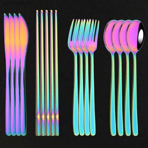 4 Människor Rainbow Cutlery Set Chopsticks Knife Fork Spoon 18/10 rostfritt stål koreanska servis uppsättningar Luxury Tableware Set L230704