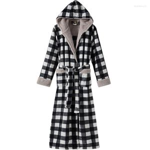 Women's Sleepwear Women Thickened Warm Print Plaid Flannel Pajamas Autumn Winter Hooded Nightdress Bumps Soft Couple Nightgown Men's Morning