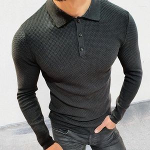 Camicie casual da uomo Autunno Uomo Polo lavorato a maglia Slim manica lunga elastica Top Vintage Tinta unita T-shirt pullover con bottoni colletto rovesciato