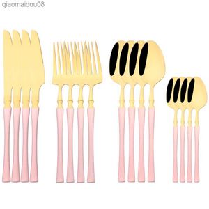 16Pcs Pink Gold Dinnerware Set Knife Fork Coffee Spoon Cutlery Set Mirror Stainless Steel Flatware Tableware Kitchen Accessories L230704